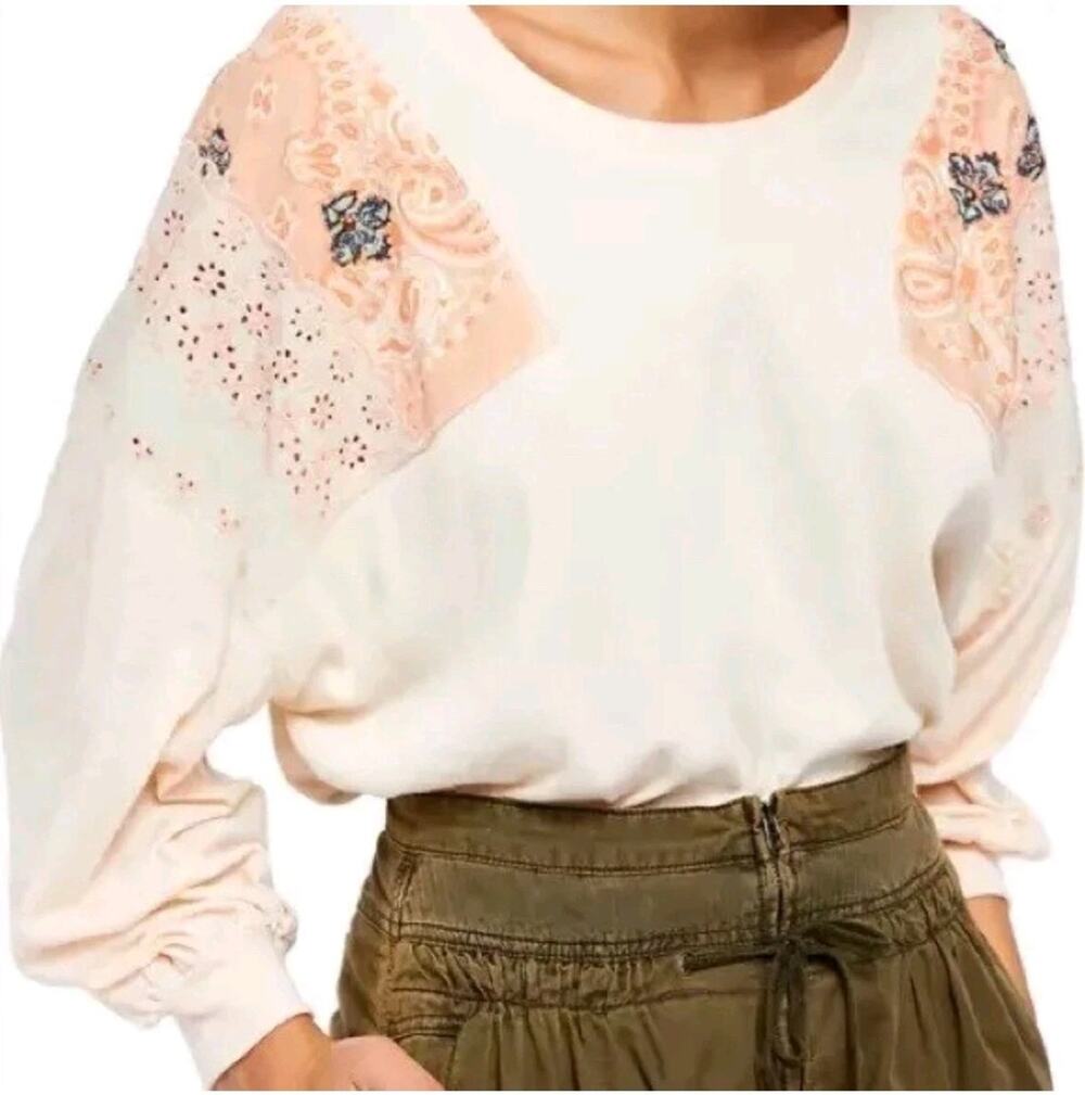 Free People Feelin It Cotton Top Bandana Print Eyelet Patchwork Boho Oversized S